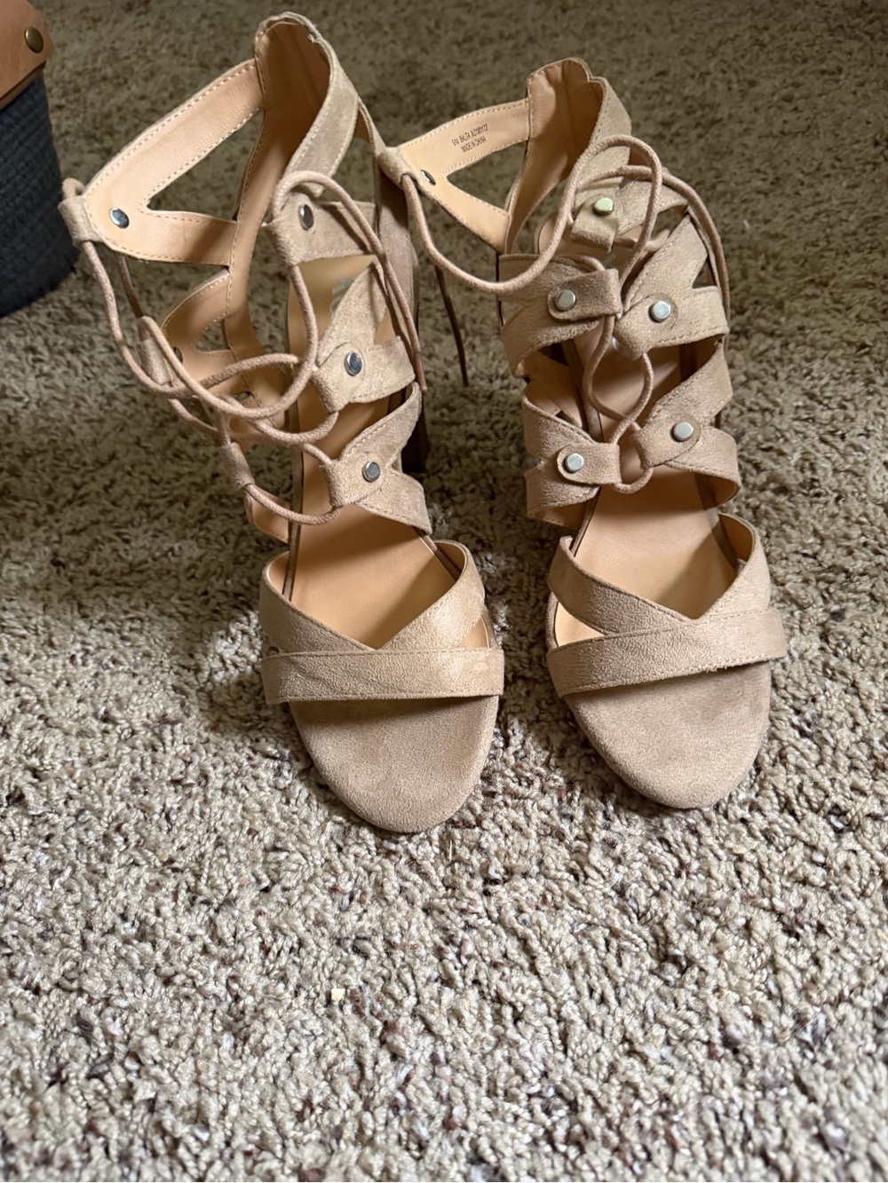 XOXO Lace-Up Suede Heels in Tan
